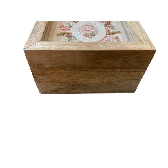 Handcrafted Wooden Jewelry Box With Beaded Floral Embroidery & Glass Top Display - Picture 3 of 6